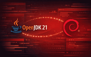 OpenJDK 21 graphic with Java and Debian logos representing Java 21 installation on Debian