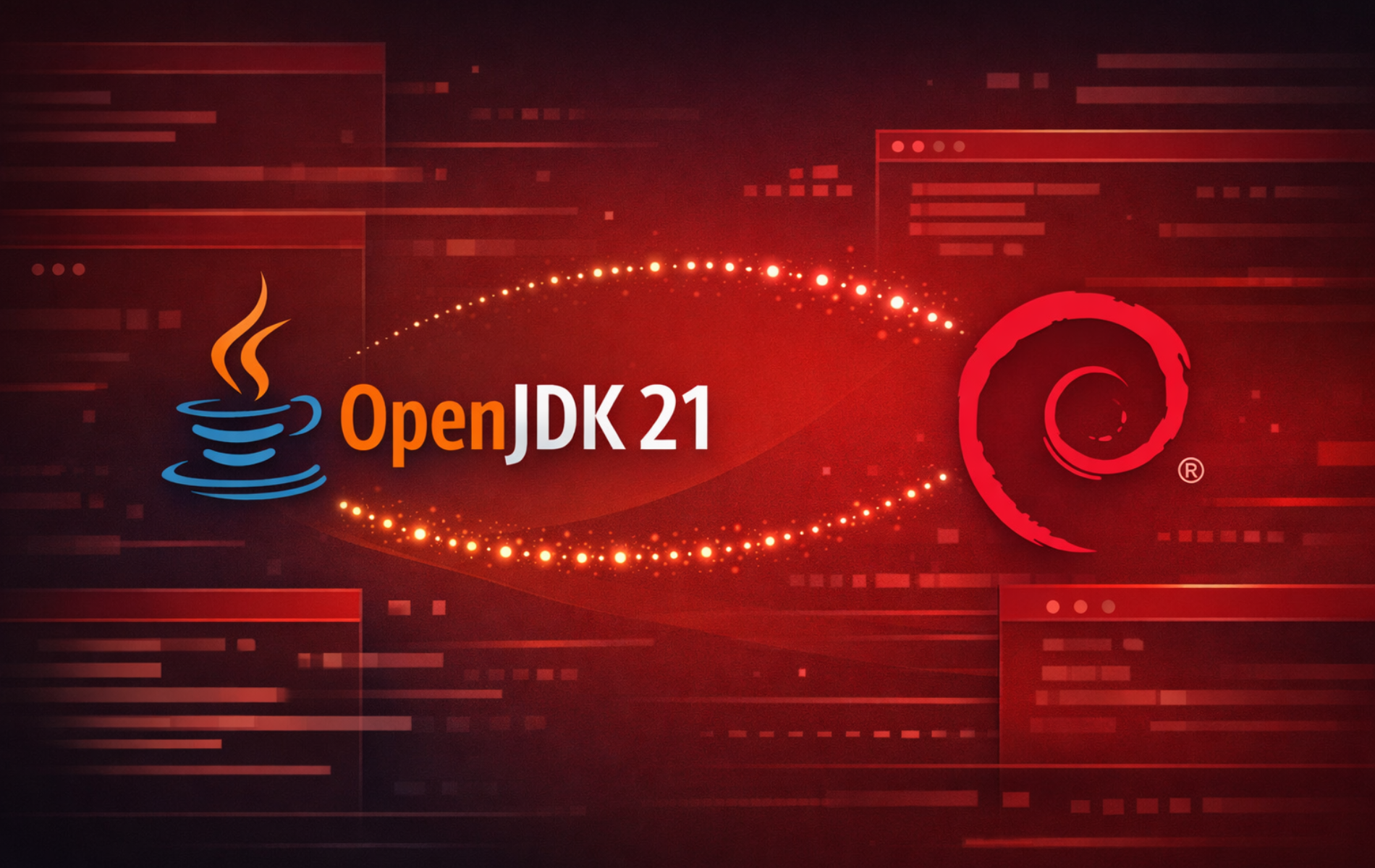 OpenJDK 21 graphic with Java and Debian logos representing Java 21 installation on Debian
