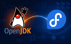 OpenJDK and Fedora logos with developer graphics representing Java installation on Fedora