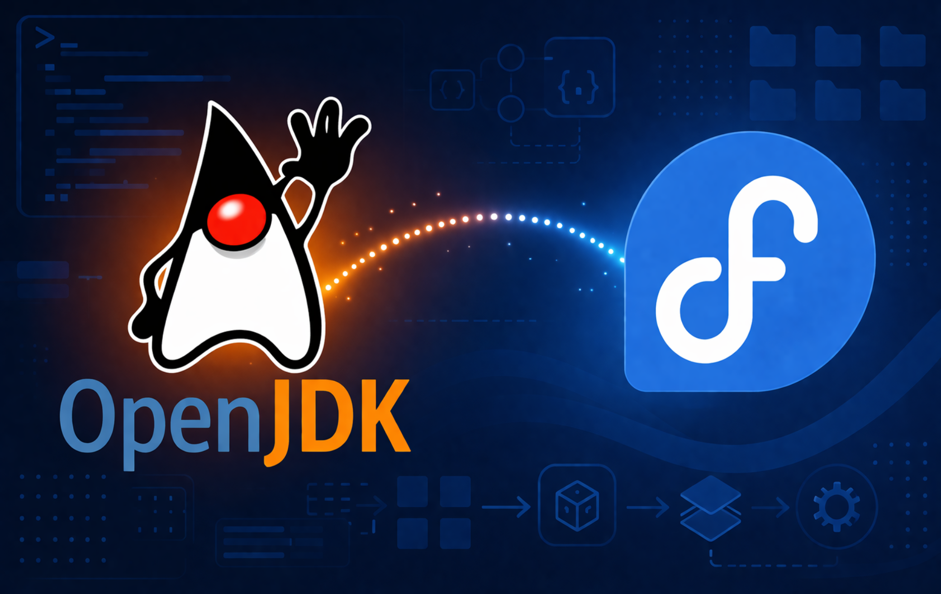 OpenJDK and Fedora logos with developer graphics representing Java installation on Fedora