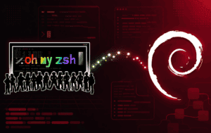 Oh My Zsh logo in a terminal window alongside the Debian Linux logo on a dark red background