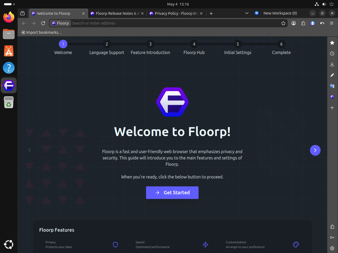 Floorp welcome wizard open on Ubuntu after the first browser launch