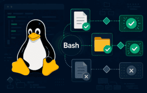 Tux beside Bash file and directory checks with successful and failed path tests