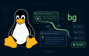 Tux beside terminal job-control panels showing the Linux bg command workflow