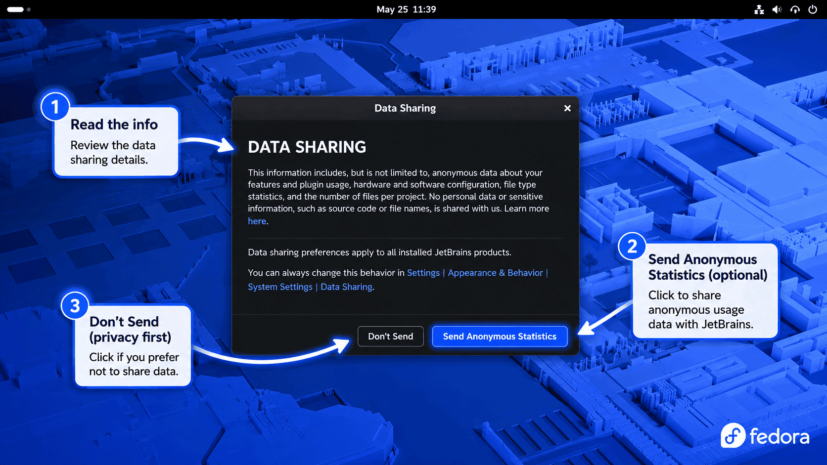 PyCharm data sharing prompt on Fedora with Don't Send and Send Anonymous Statistics options