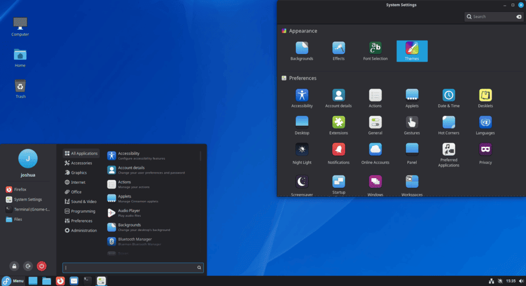Cinnamon desktop on Fedora with the app menu and System Settings open