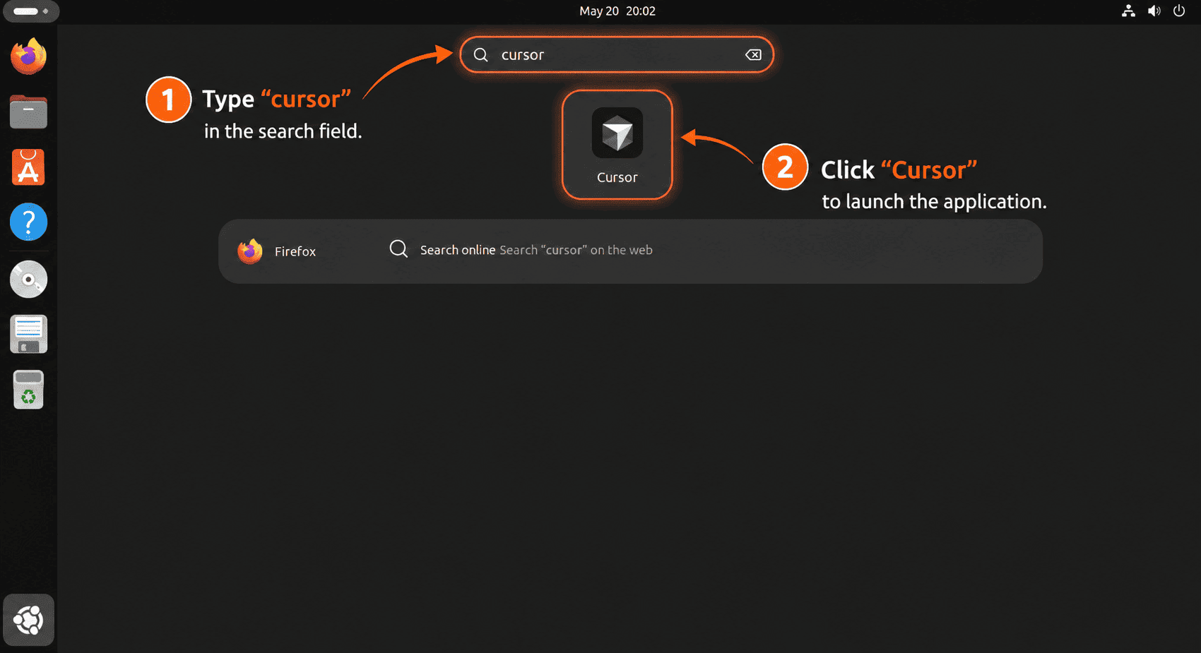 Ubuntu application search showing Cursor selected for launch from the desktop menu
