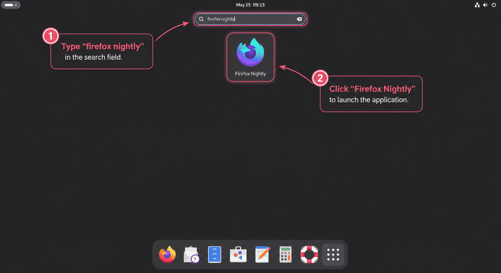 Debian application search showing Firefox Nightly launcher highlighted
