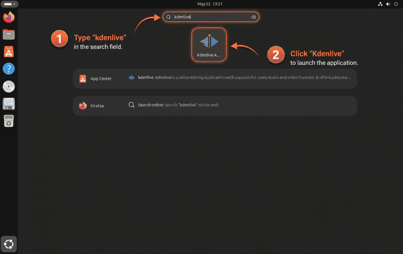 Ubuntu Activities search showing the Kdenlive application launcher after installation