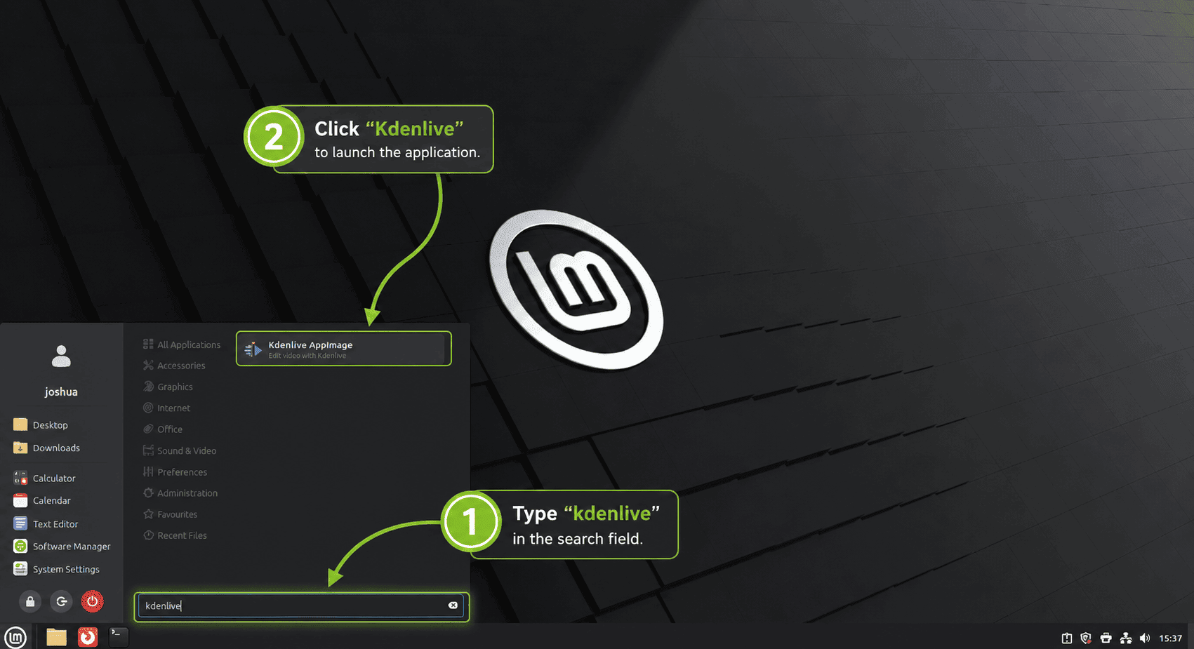 Linux Mint menu search showing the Kdenlive AppImage launcher selected