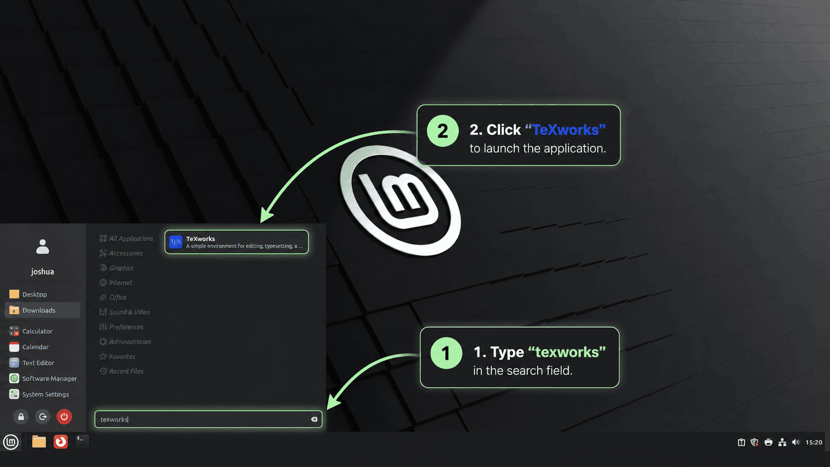 Linux Mint menu search showing the TeXworks application result highlighted for launch