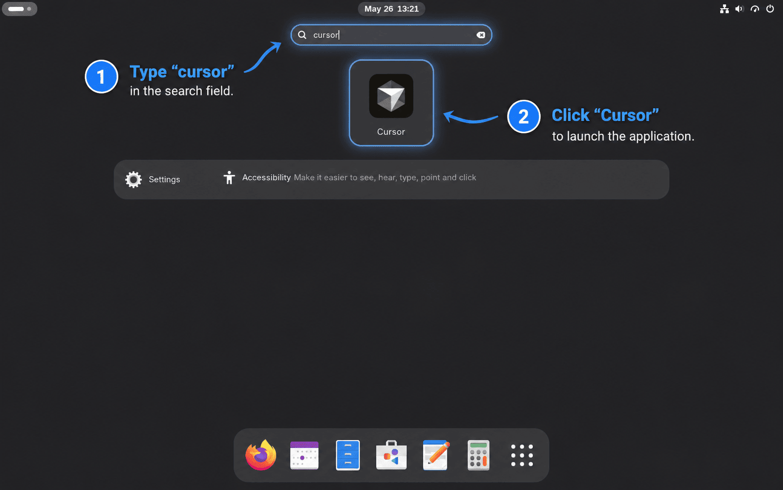 Fedora Activities search showing the Cursor launcher after typing cursor