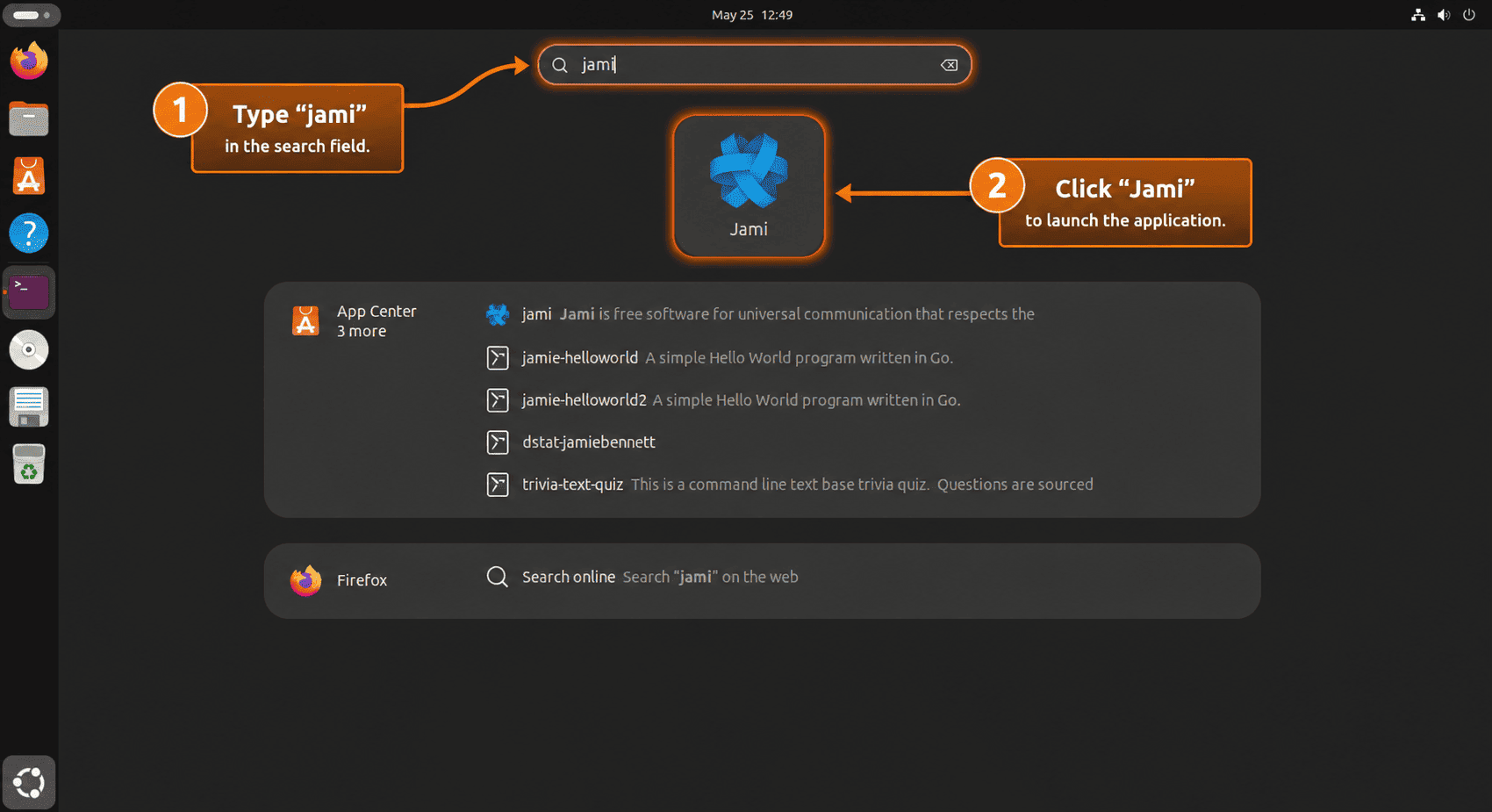 Ubuntu Activities search showing annotated steps to find and launch Jami