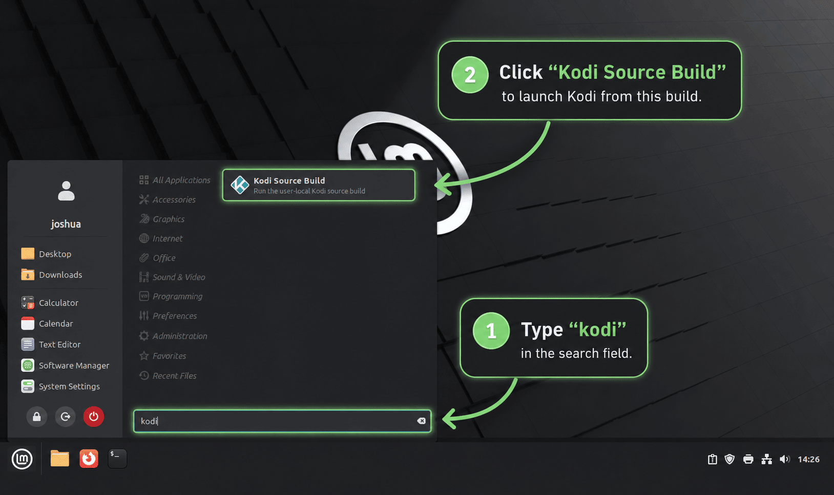 Kodi main menu with callouts for media sources, add-ons, and settings after first launch