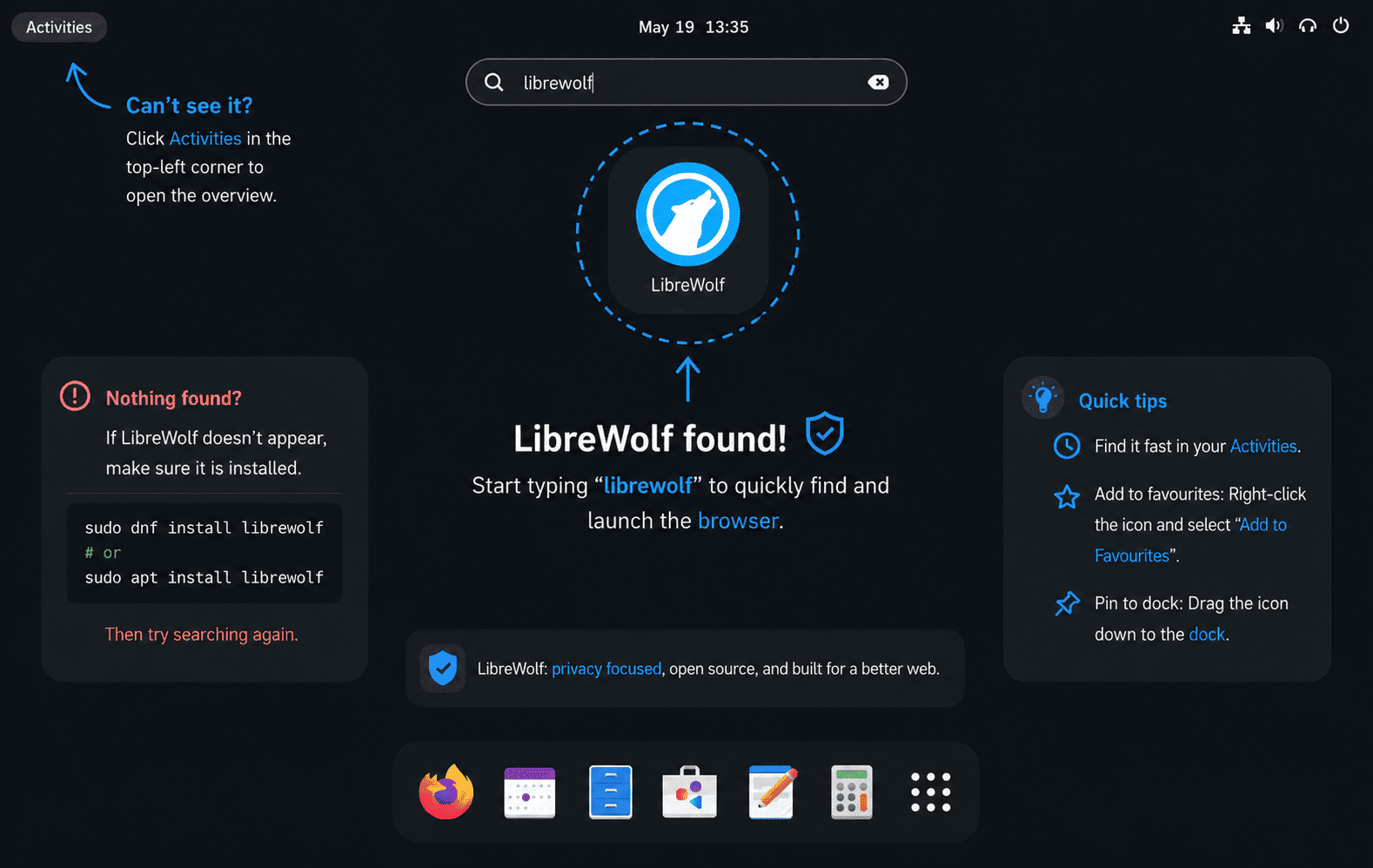 Fedora Activities search showing the LibreWolf launcher after installation