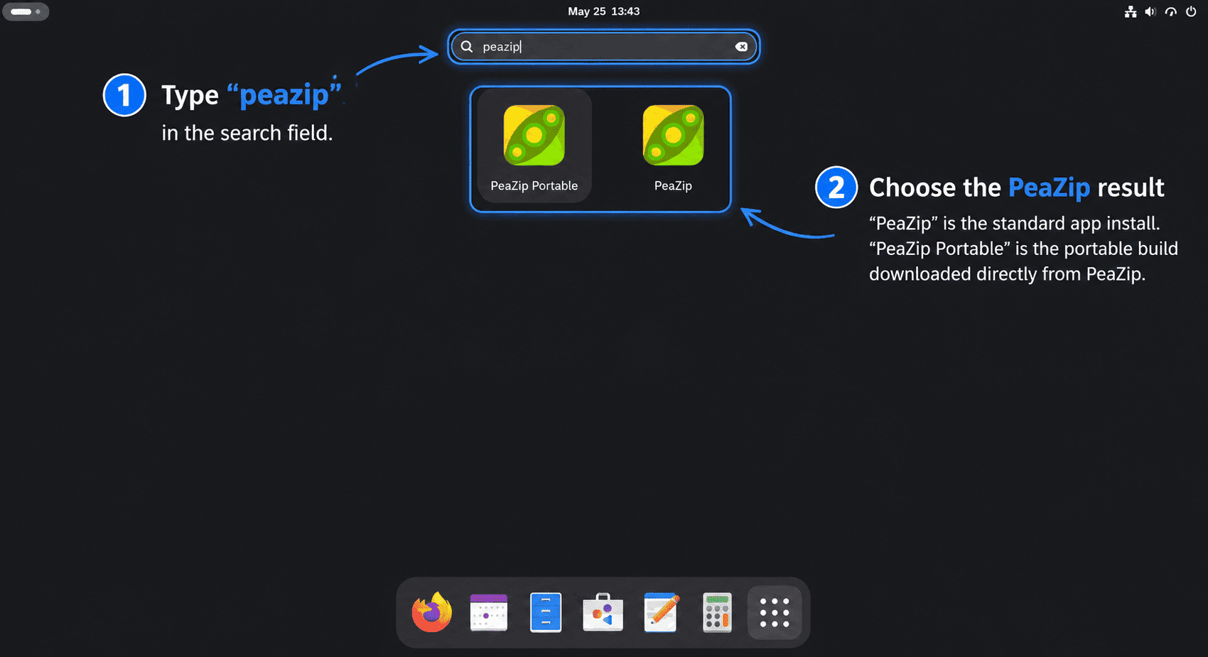 GNOME Activities search showing PeaZip and PeaZip Portable launchers