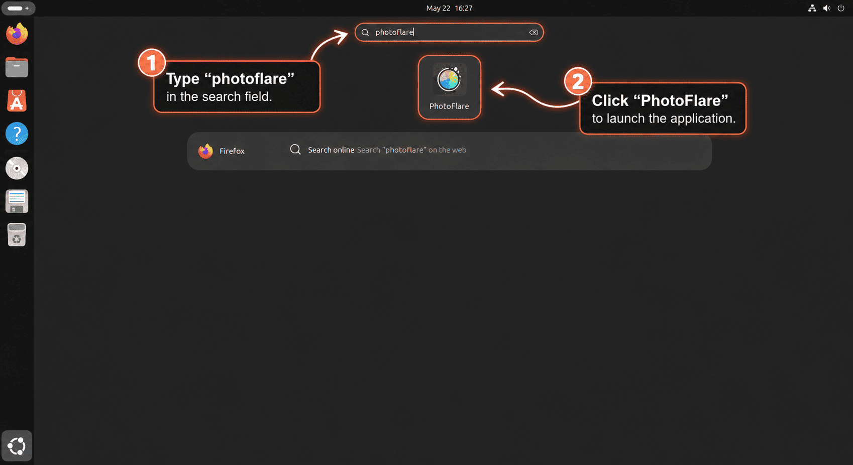 Ubuntu Activities search showing the PhotoFlare app icon after typing photoflare