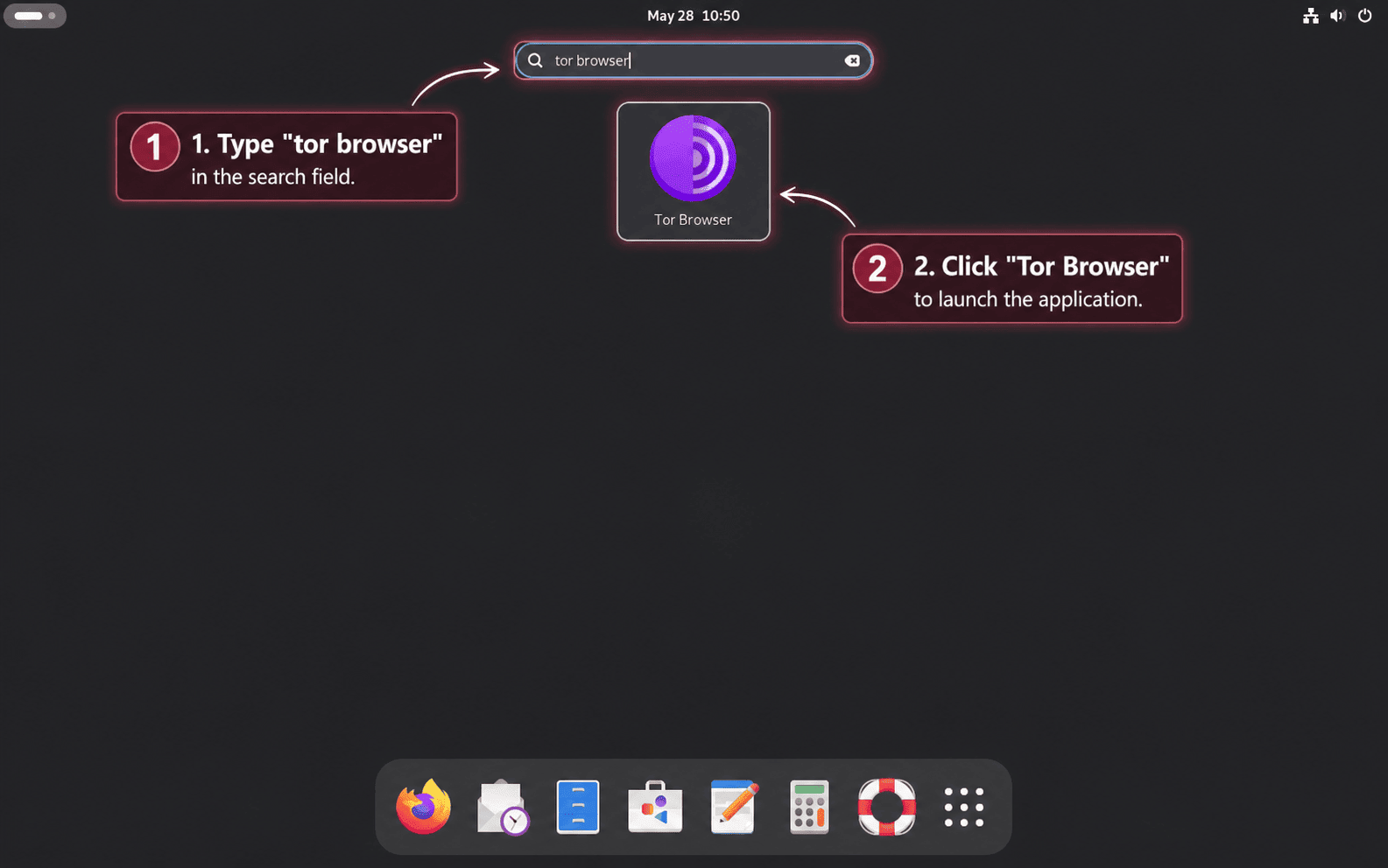 GNOME Activities search showing the Tor Browser application icon