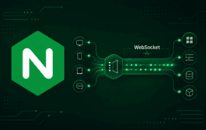 Nginx logo with WebSocket routing diagram connecting clients to backend services