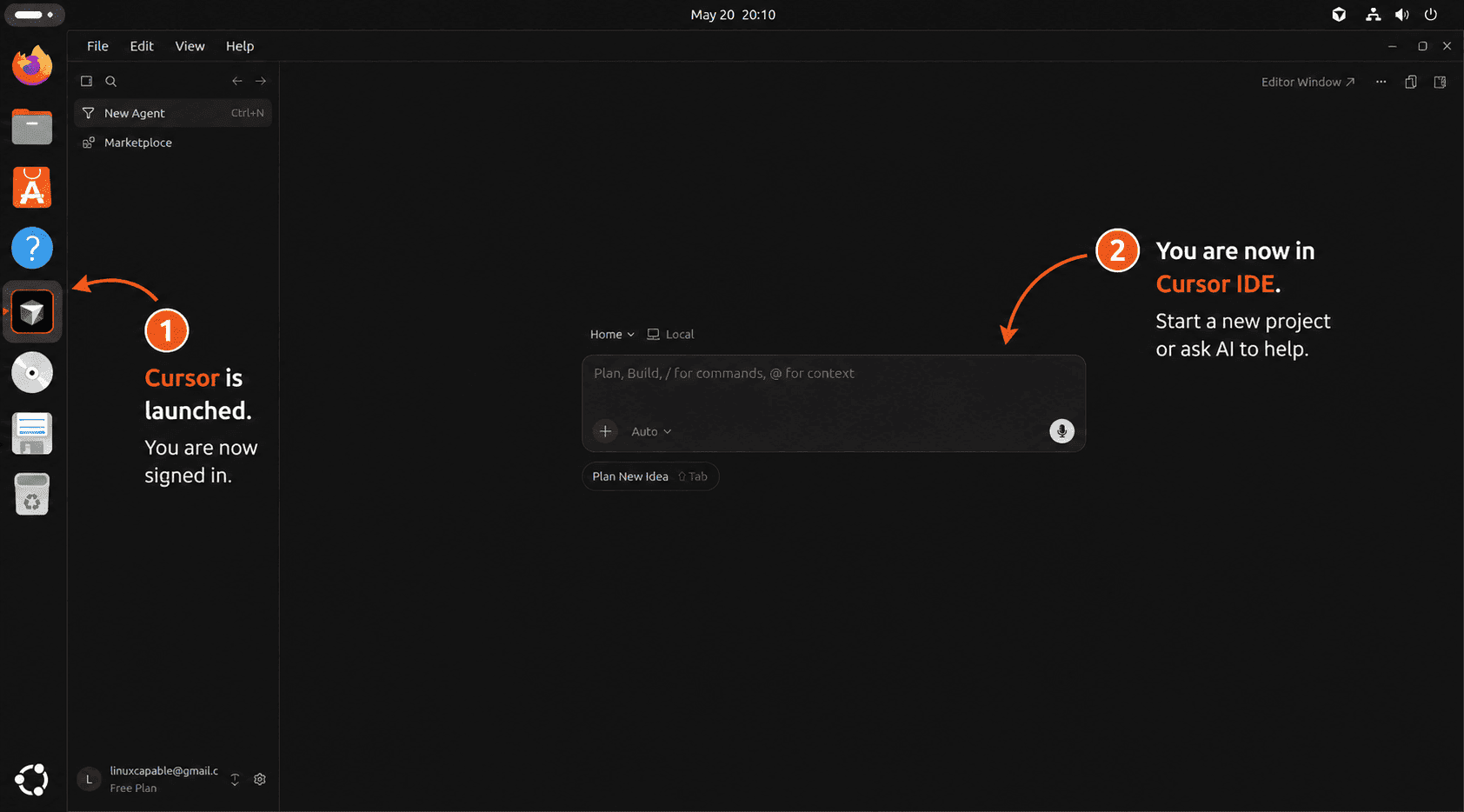 Cursor IDE open on Ubuntu with the dock icon highlighted and a new project prompt