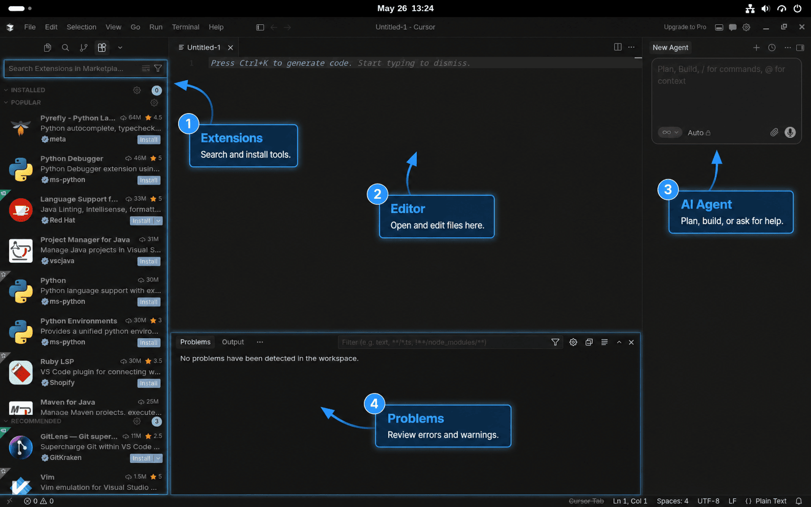 Cursor workspace on Fedora annotated with extensions, editor, AI agent, and problems panels