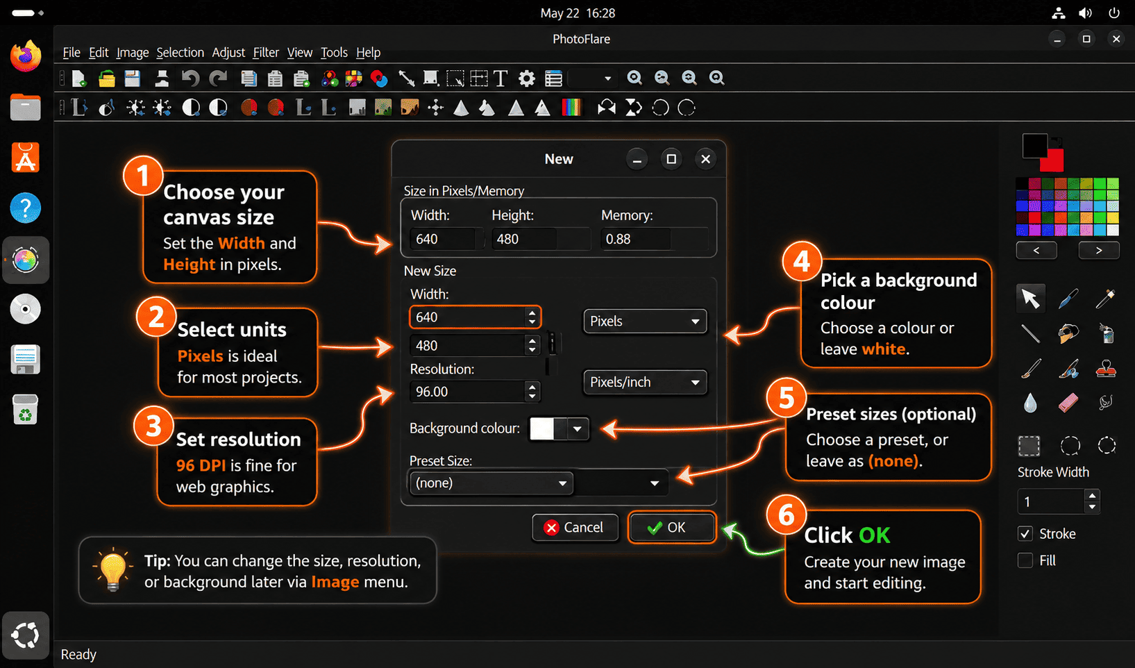 PhotoFlare new image dialog with canvas size, resolution, background color, and preset controls