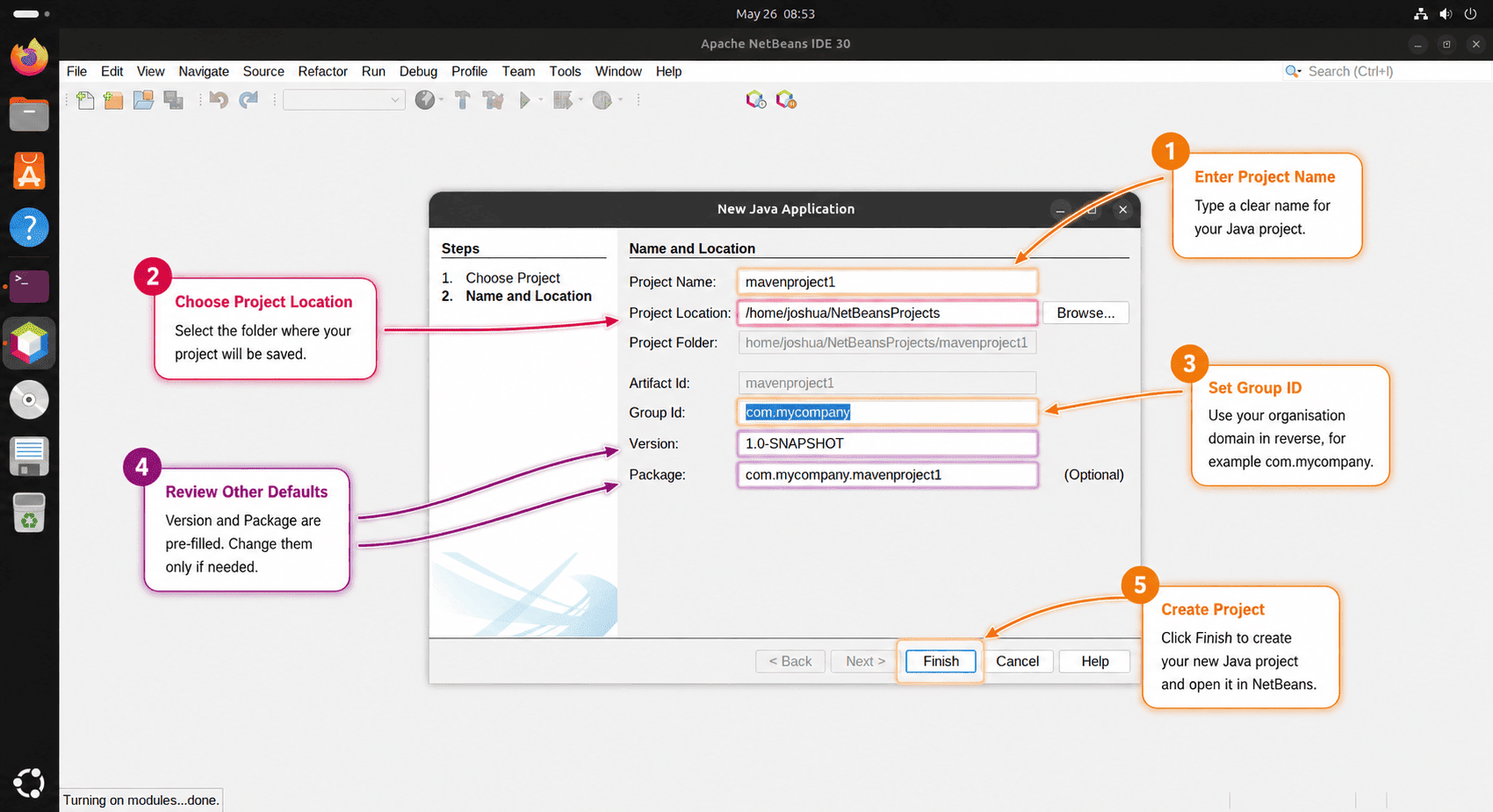 Apache NetBeans New Java Application window with annotated project name, location, group ID, defaults, and Finish controls