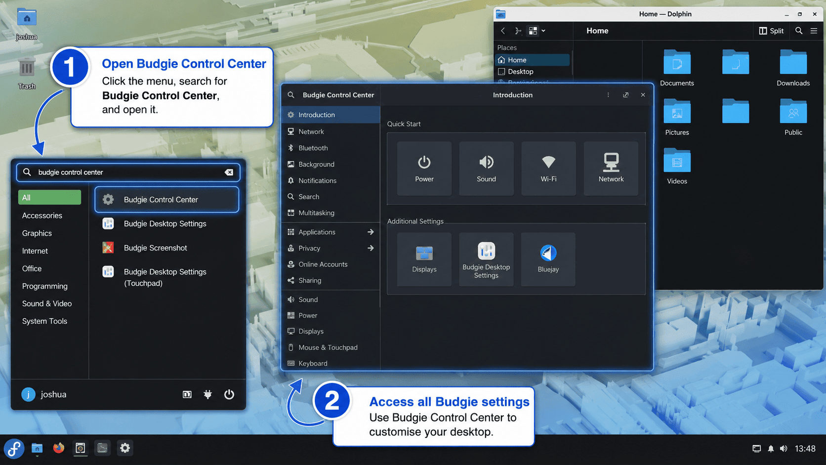 Fedora Budgie desktop with Budgie Control Center and Dolphin open