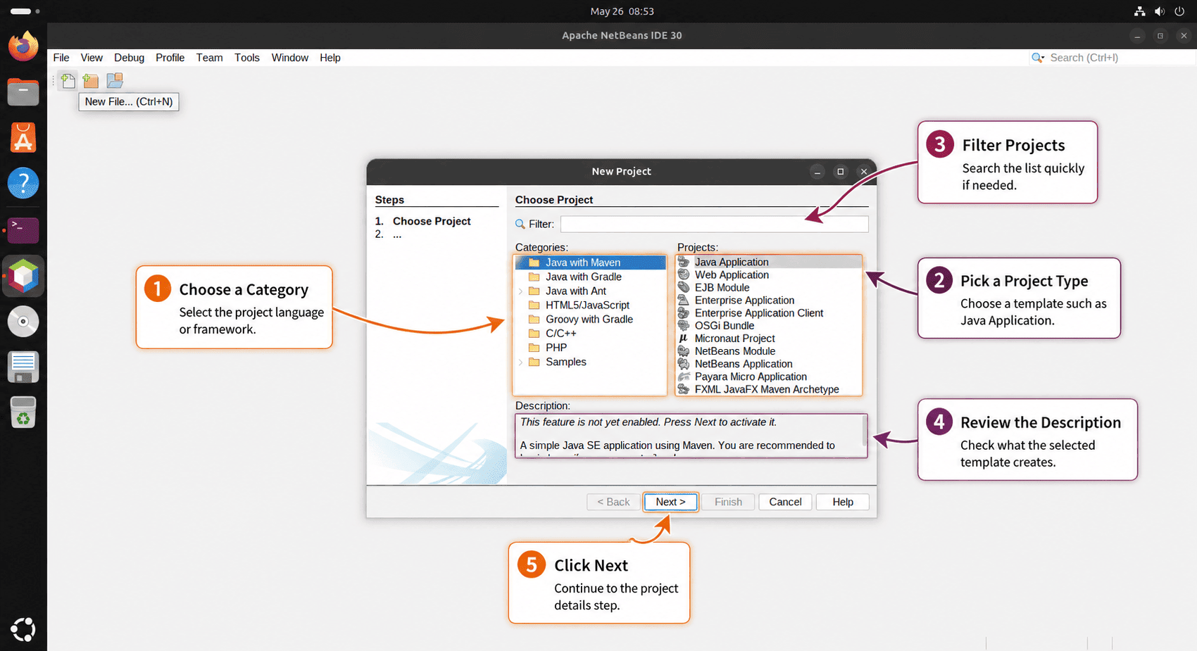 Apache NetBeans New Project window with annotated category, project type, filter, description, and Next controls