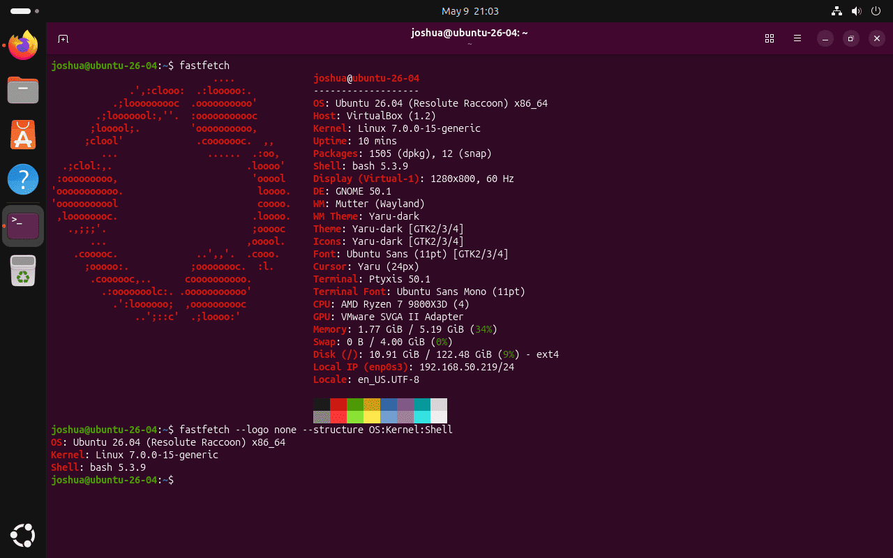 Ubuntu terminal showing Fastfetch default output and a compact module summary