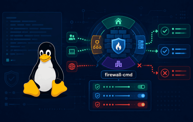 Tux beside a firewall-cmd dashboard showing Firewalld zones, allowed rules, and blocked traffic