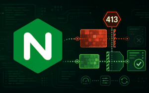 Nginx logo with 413 warning and upload request routing through blocked and accepted paths