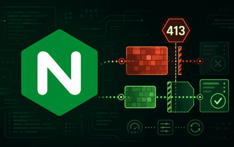 Nginx logo with 413 warning and upload request routing through blocked and accepted paths