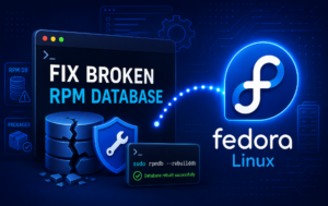 Fedora logo beside a cracked RPM database, repair shield, and terminal recovery prompt