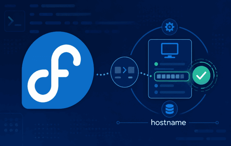 Fedora logo beside hostname management icons and a terminal prompt