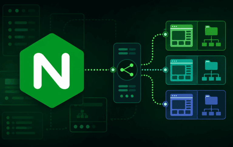 Nginx logo with branching server block diagrams for multiple sites and applications