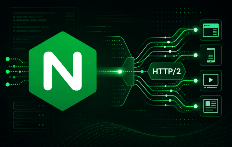 Nginx logo routing HTTP/2 connections to web, mobile, video, and content clients
