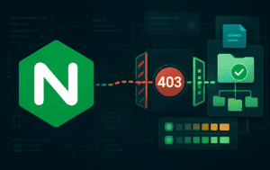 Nginx logo with 403 gate and web file diagram for Forbidden troubleshooting
