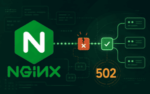 Nginx logo with broken upstream flow and 502 alert for Bad Gateway troubleshooting