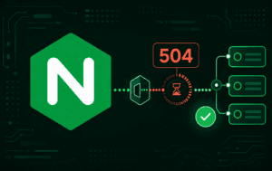 Nginx logo with 504 timeout warning and upstream server routing diagram