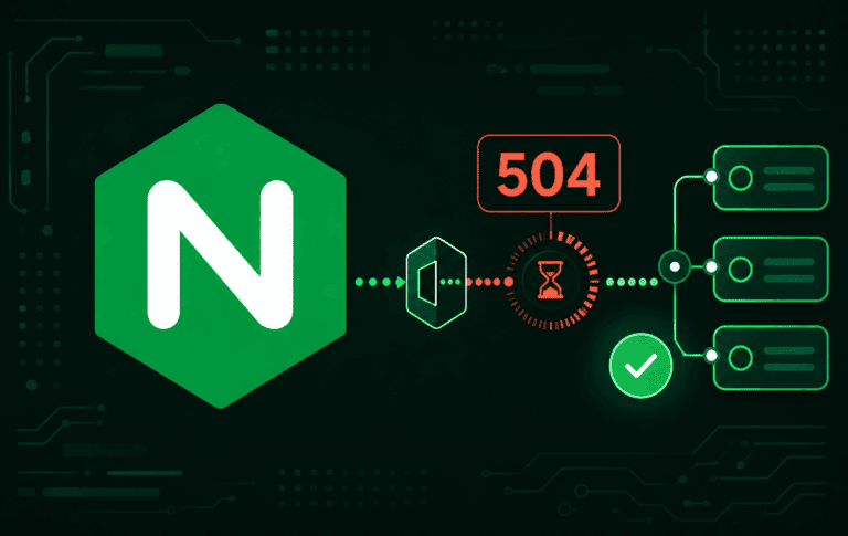 Nginx logo with 504 timeout warning and upstream server routing diagram