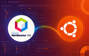 Apache NetBeans and Ubuntu logos over a code editor background for installing NetBeans on Ubuntu