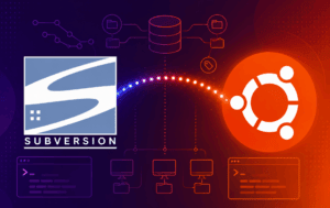 Subversion and Ubuntu logos with repository and terminal graphics for SVN setup