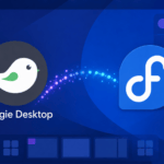 Budgie and Fedora logos on a blue desktop-themed illustration