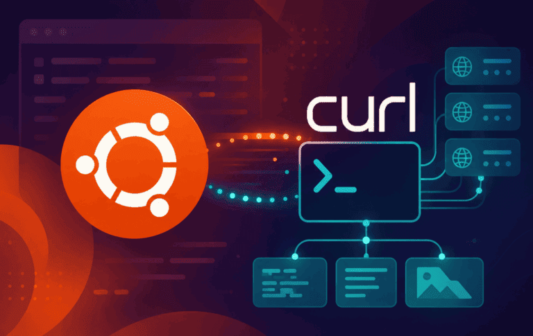 Ubuntu logo beside curl terminal and server graphics for installing curl on Ubuntu