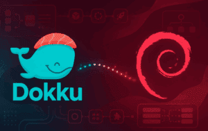 Dokku whale logo beside Debian swirl with deployment pipeline icons