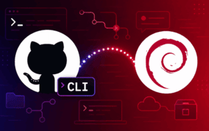 GitHub CLI and Debian logos with terminal and workflow icons