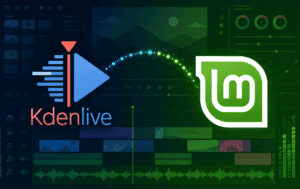 Kdenlive and Linux Mint logos over a video editing timeline graphic