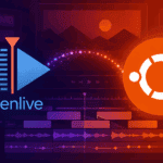 Kdenlive and Ubuntu logos over a video editing timeline graphic