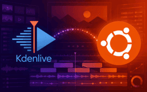 Kdenlive and Ubuntu logos over a video editing timeline graphic